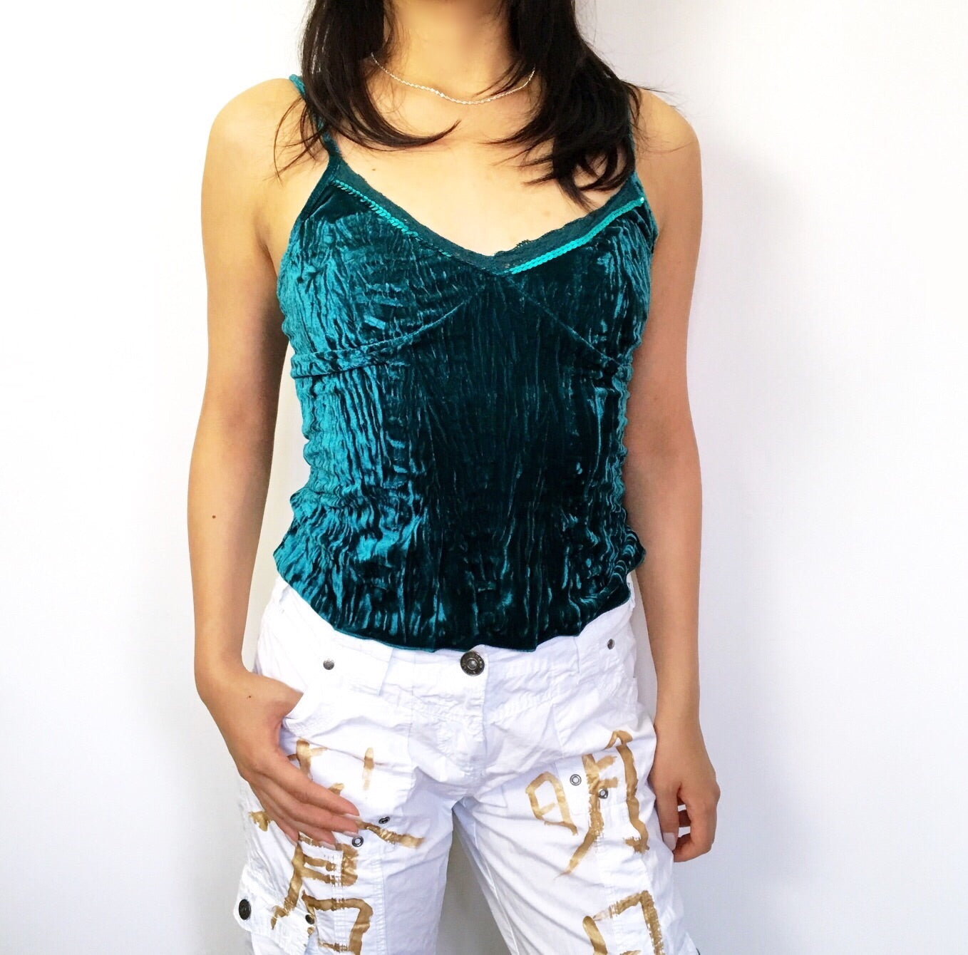 90S 00 Y2K VELVET SEQUINS LACE TRIM STRAP CAMI VEST TOP