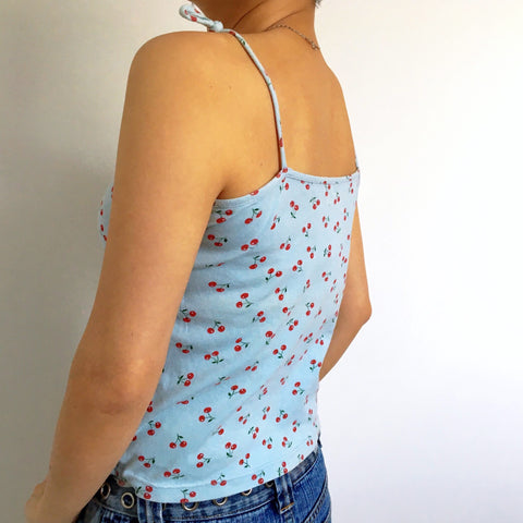 90S 00 Y2K BLUE CHERRY STRAP CAMI COTTON VEST TOP