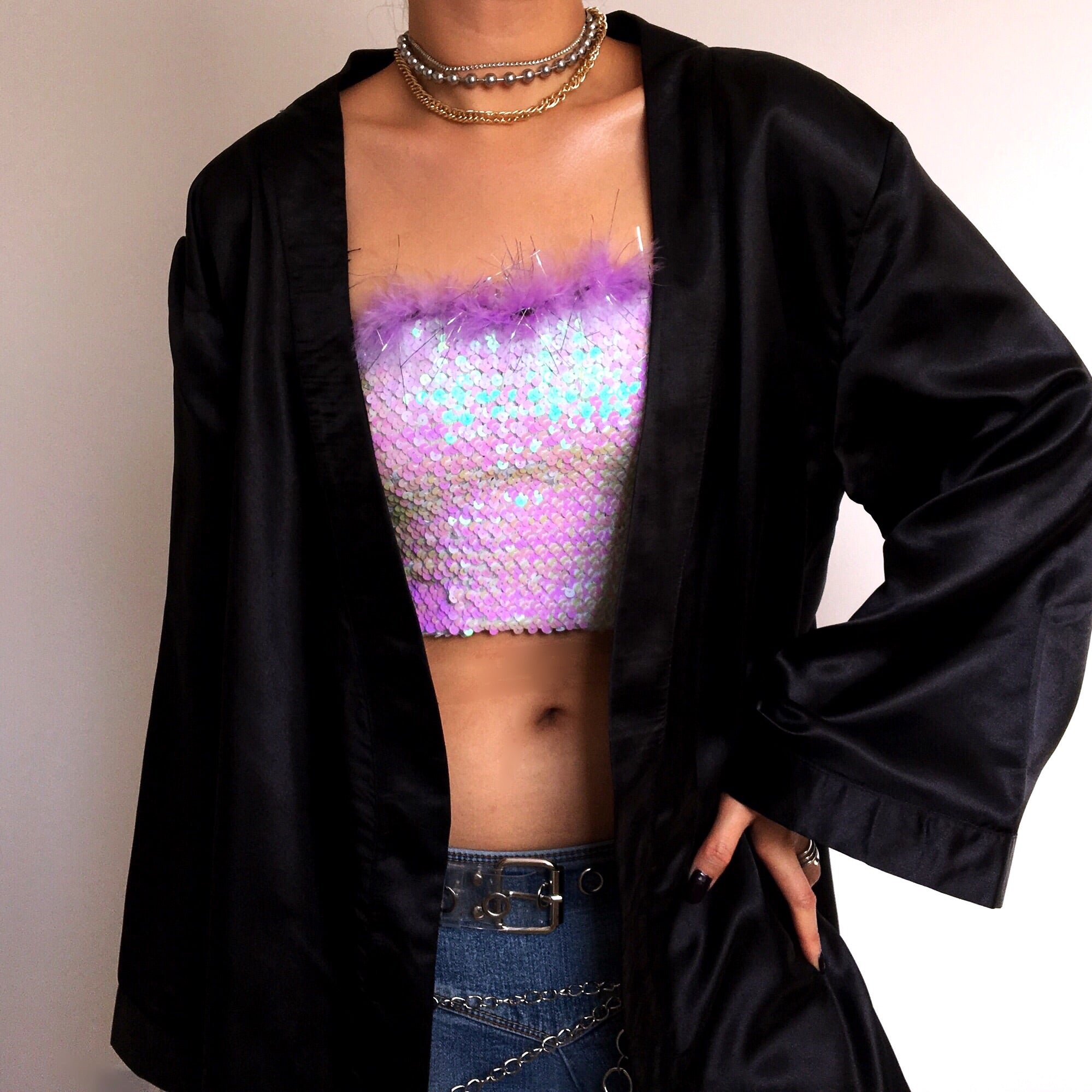 90S FLORAL EMBROIDERED EMBROIDERY SILKY KIMONO JACKET