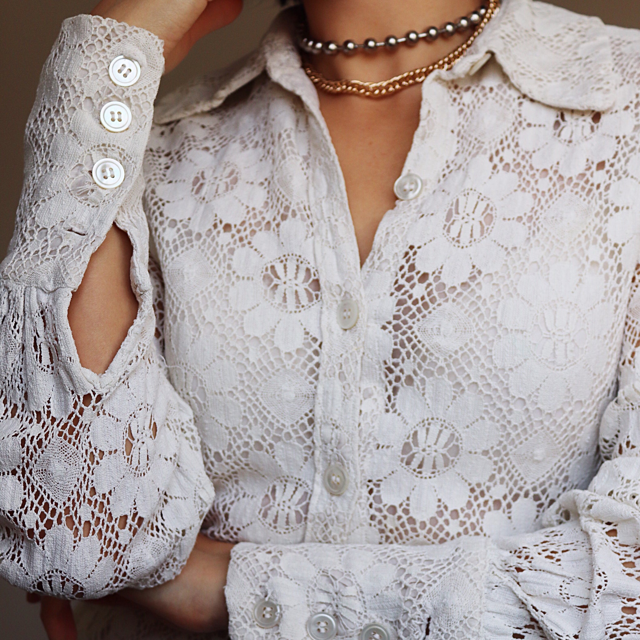 VINTAGE CROCHET LONG SLEEVES SHIRT LONG TOP