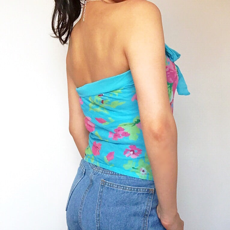 90S 00 Y2K BLUE SILK FLORAL TUBE TOP