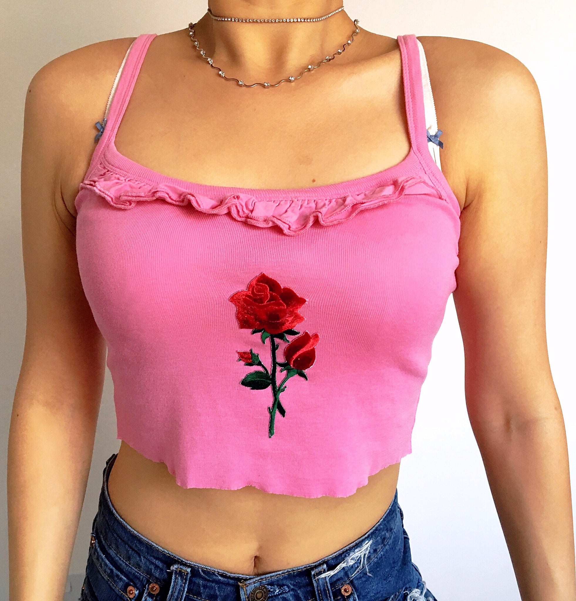ROSE RUFFLE NECK CROP VEST TOP