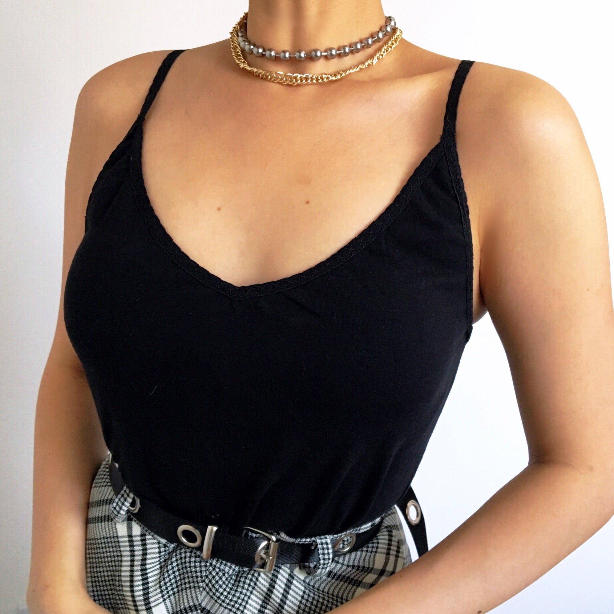 90S 00 Y2K V NECK TRIM DETAILED NECKLINE CAMI COTTON VEST TOP