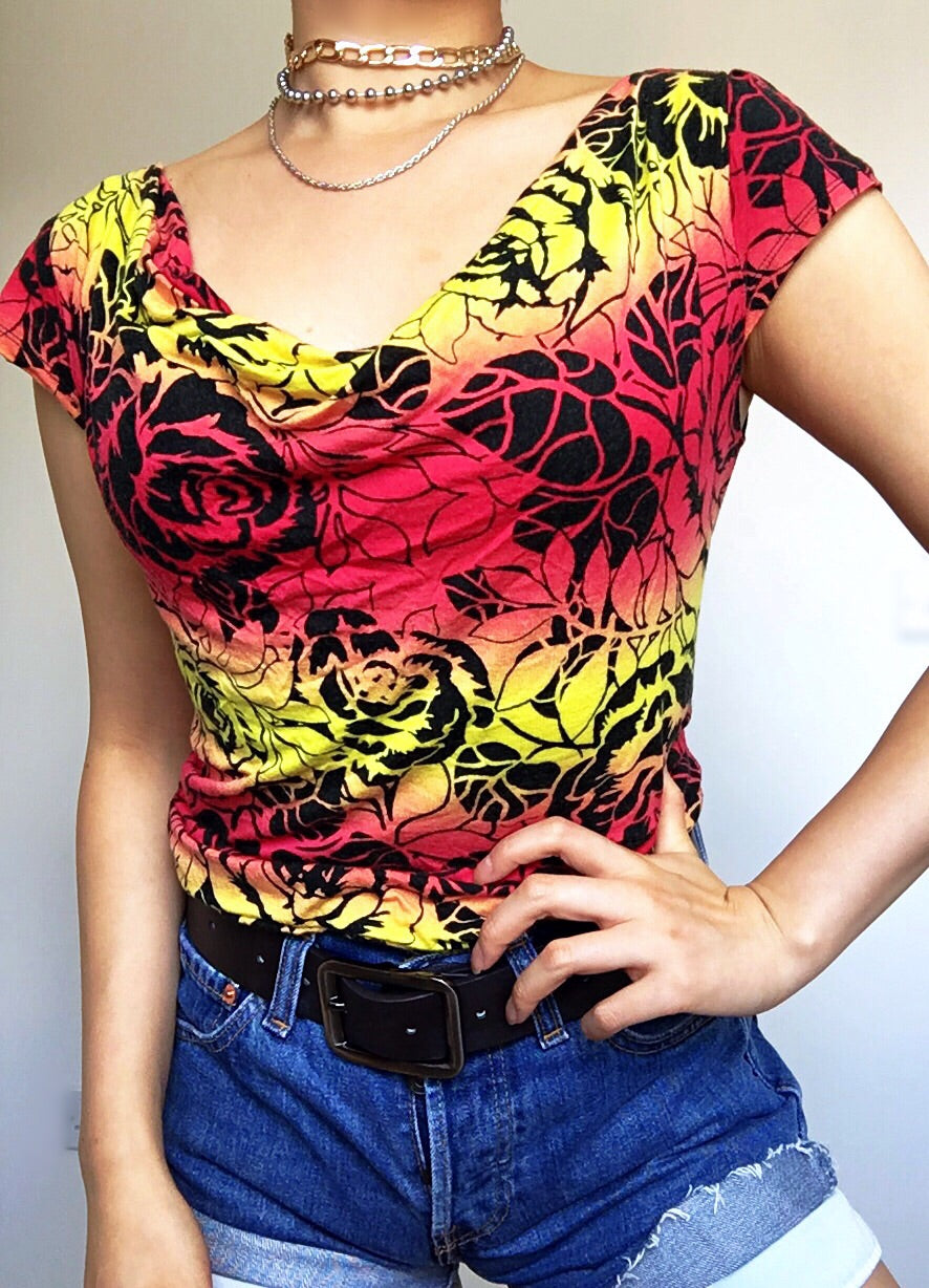 90s Y2k VINTAGE ROSE ROCK N ROLL STYLE COWL NECK TEE TOP
