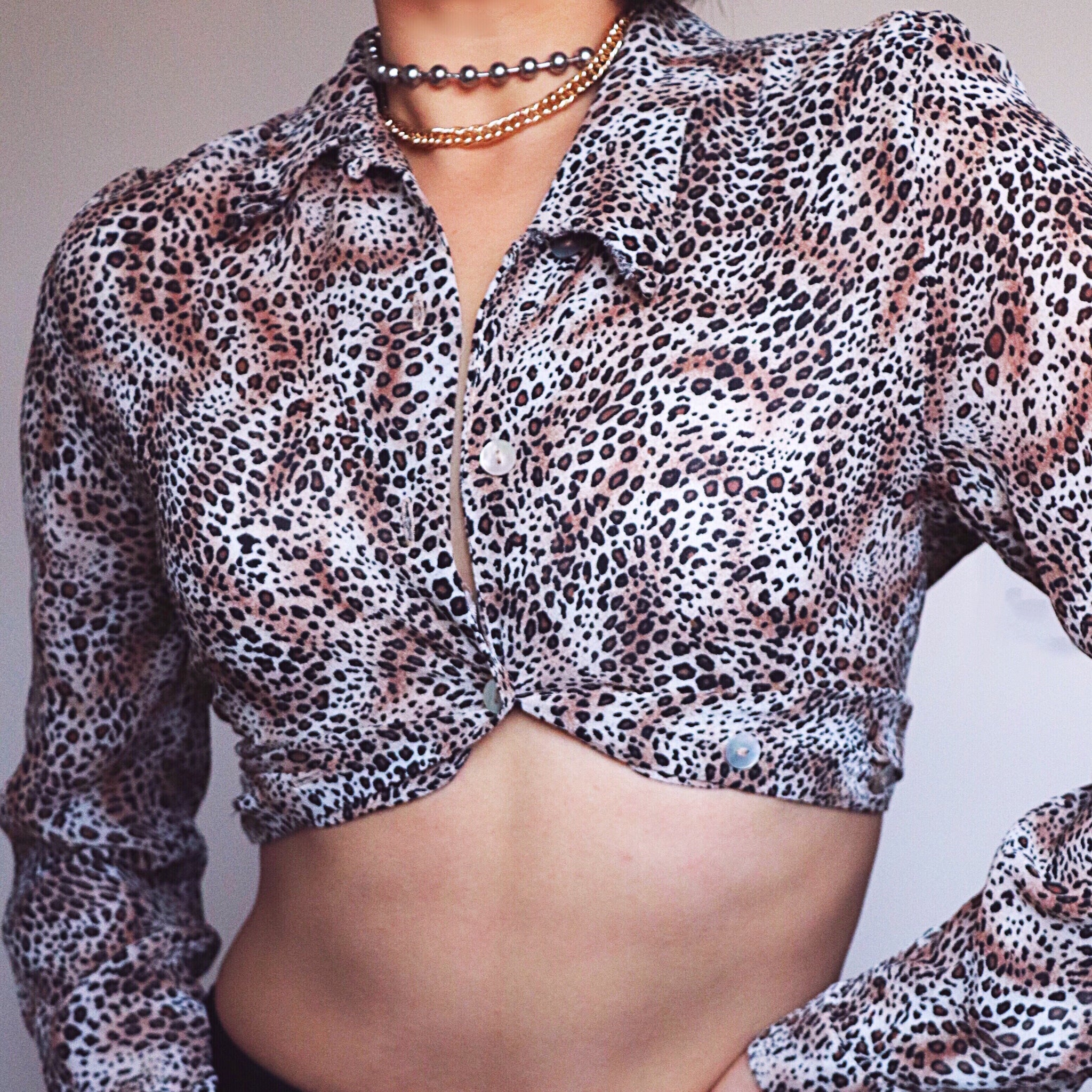 VINTAGE LEOPARD CREPE LONG SLEEVES SHIRT LONG TOP