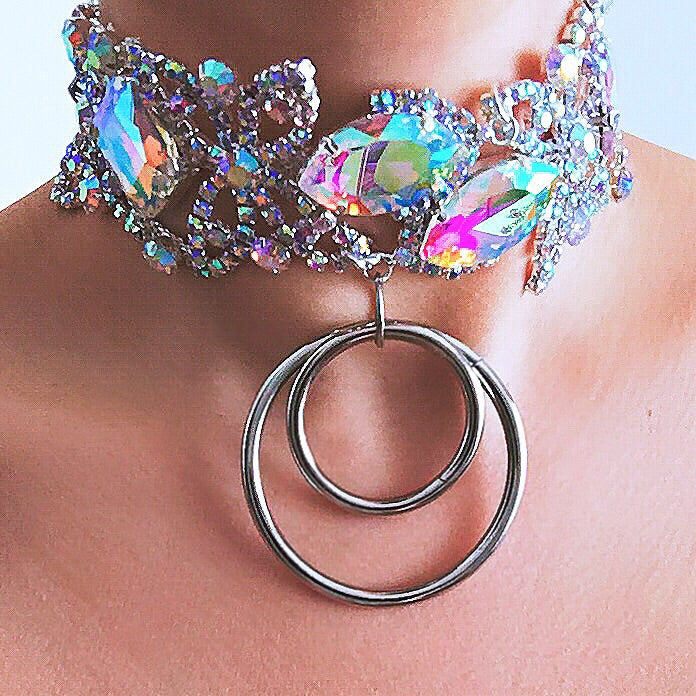 SOLID CHUNKY DOUBLE RINGS DIAMANTE CHOKER NECKLACE