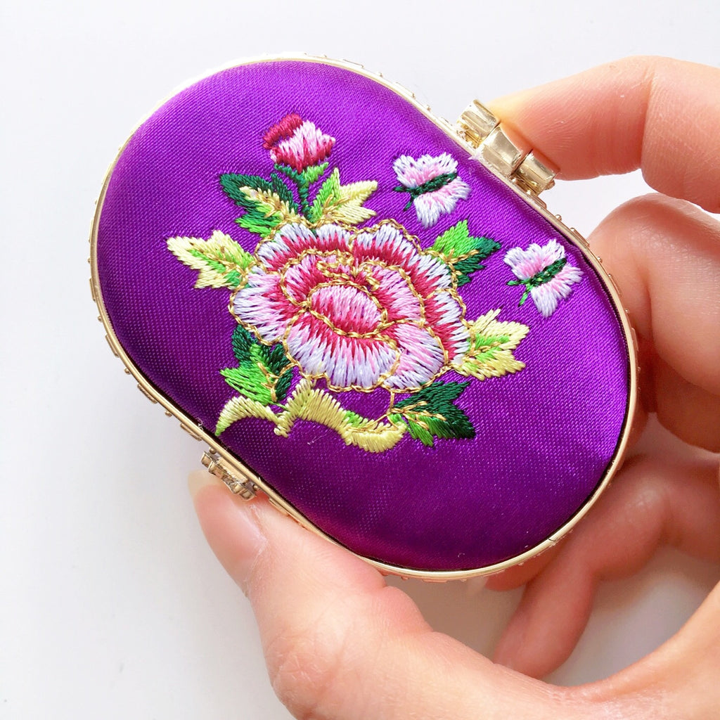 OVAL FLORAL EMBROIDERED SILKY PORTABLE MIRROR