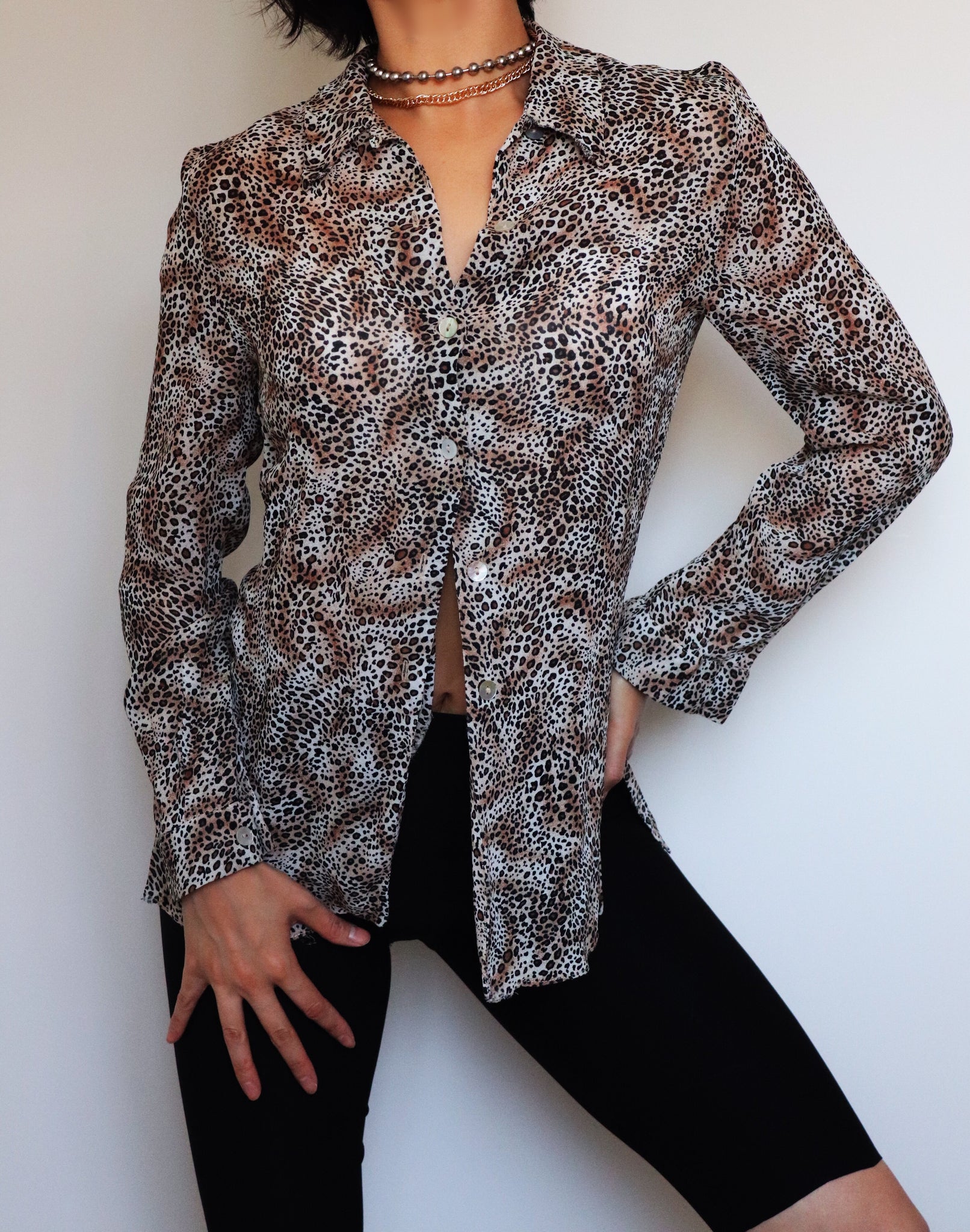 VINTAGE LEOPARD CREPE LONG SLEEVES SHIRT LONG TOP