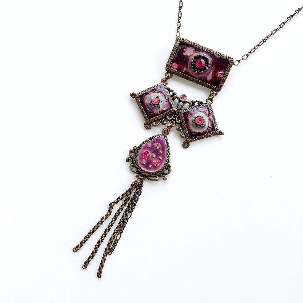 90s VINTAGE GOTHIC BOHO TRIBAL PURPLE PINK DIAMANTÉ TASSEL SHORT NECKLACE