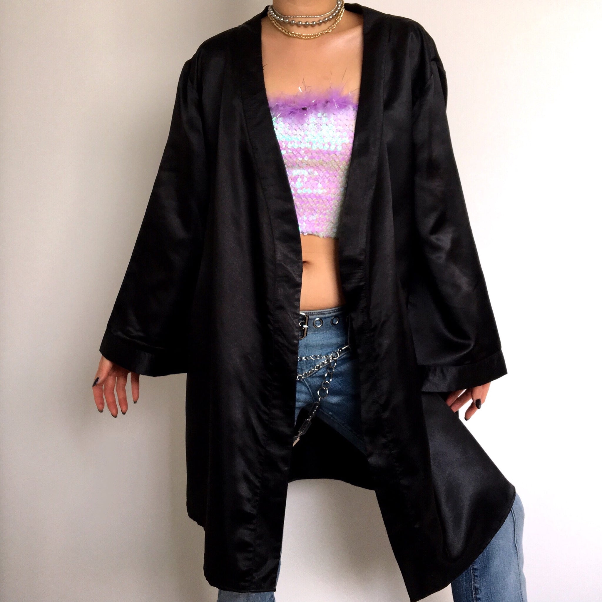 90S FLORAL EMBROIDERED EMBROIDERY SILKY KIMONO JACKET