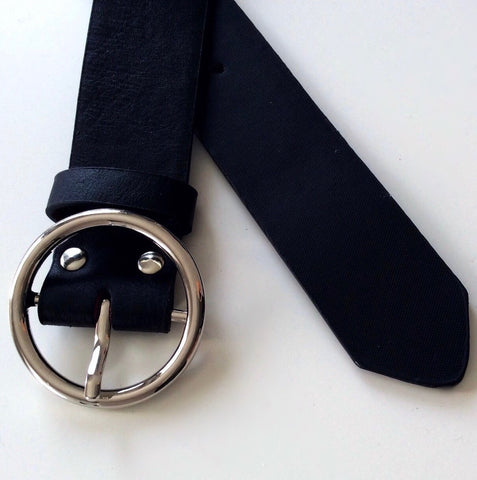 BLACK FAUX LEATHER ROUND BUCKLE BELT