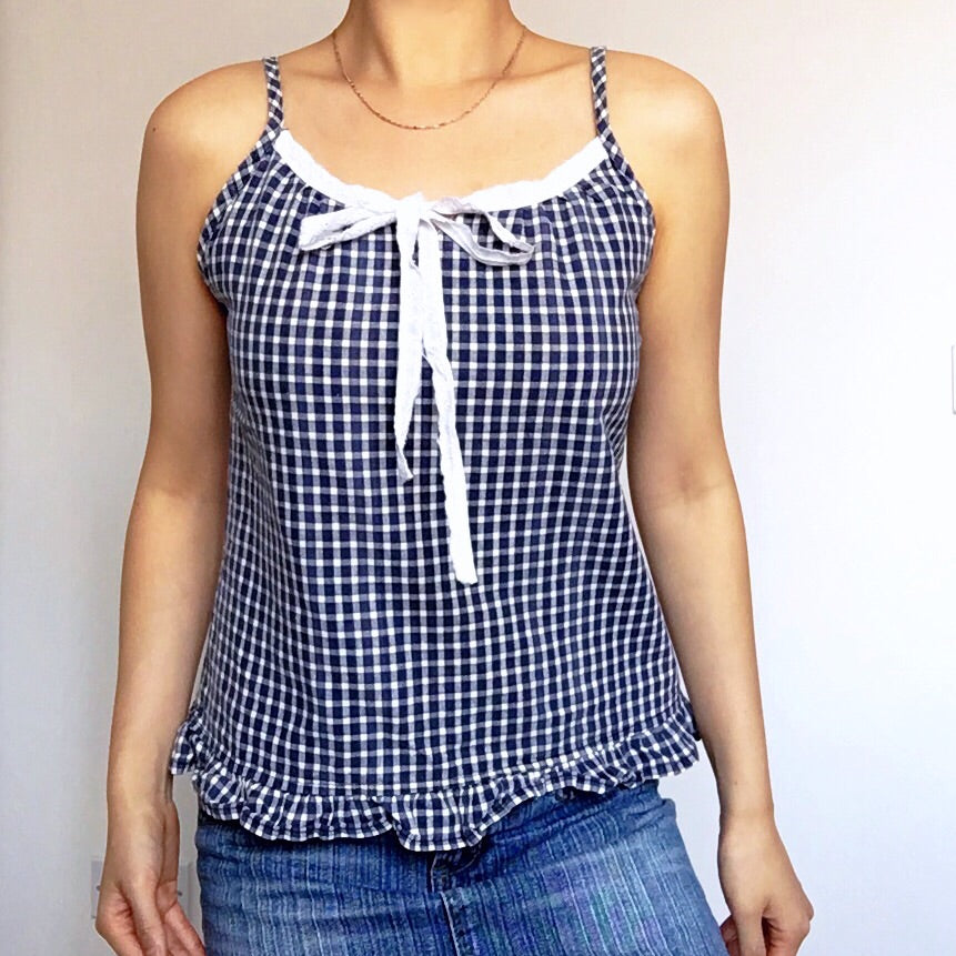 90S 00 Y2K VINTAGE BLUE GINGHAM CHECK STRAP CAMI COTTON VEST TOP