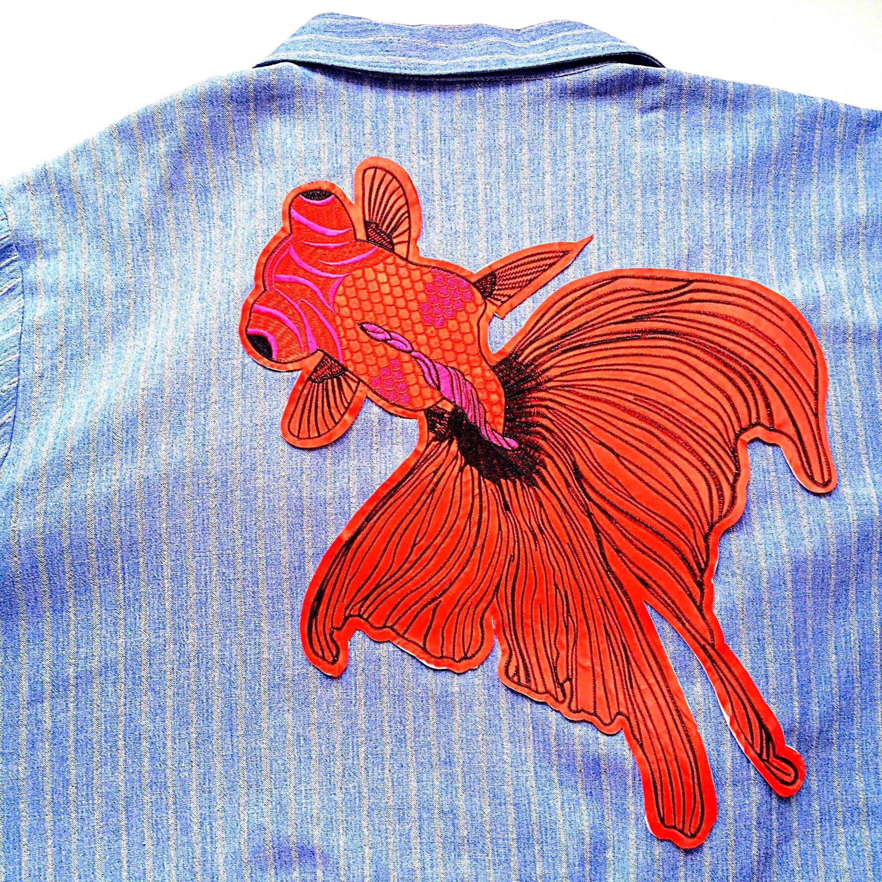 UNISEX RED GOLDFISH OVERSIZED LIGHT BLUE COTTON STRIP SUIT COAT JACKET