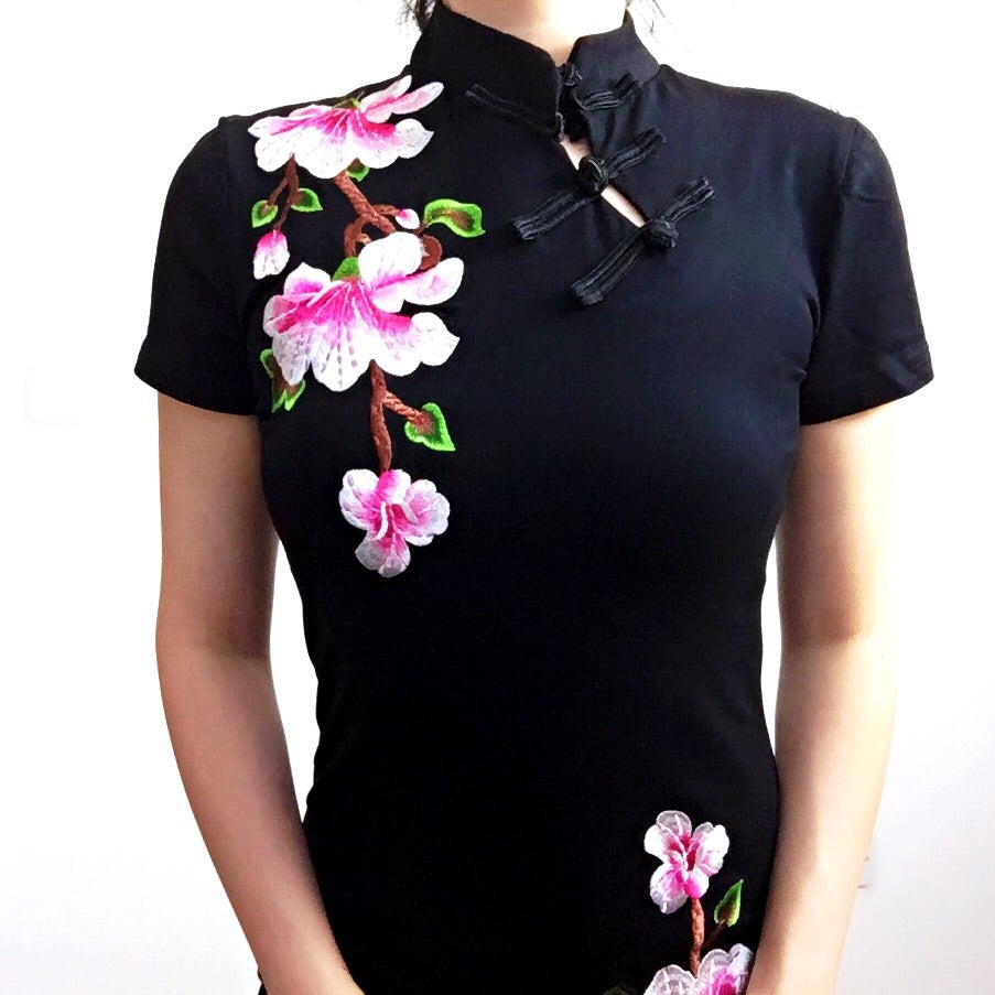 BLACK FLORAL ORIENTAL EMBROIDERY SHORT SLEEVES DRESS