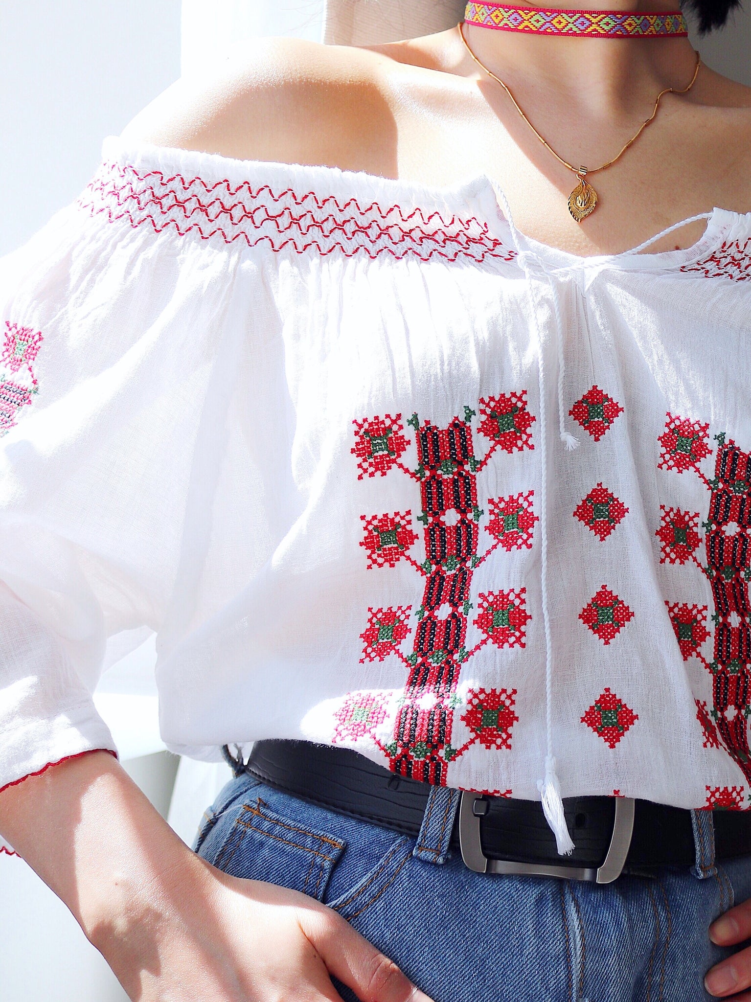 BOHO HIPPIE FLORAL EMBROIDERY OFF SHOULDER LONG TOP