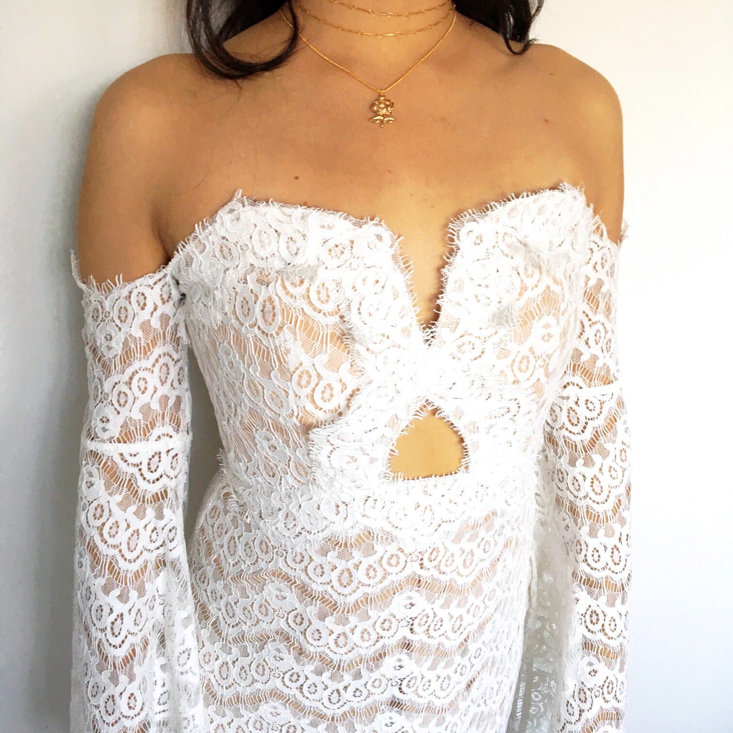OFF SHOULDER ROMANTIC LACE BELL SLEEVES DRESS
