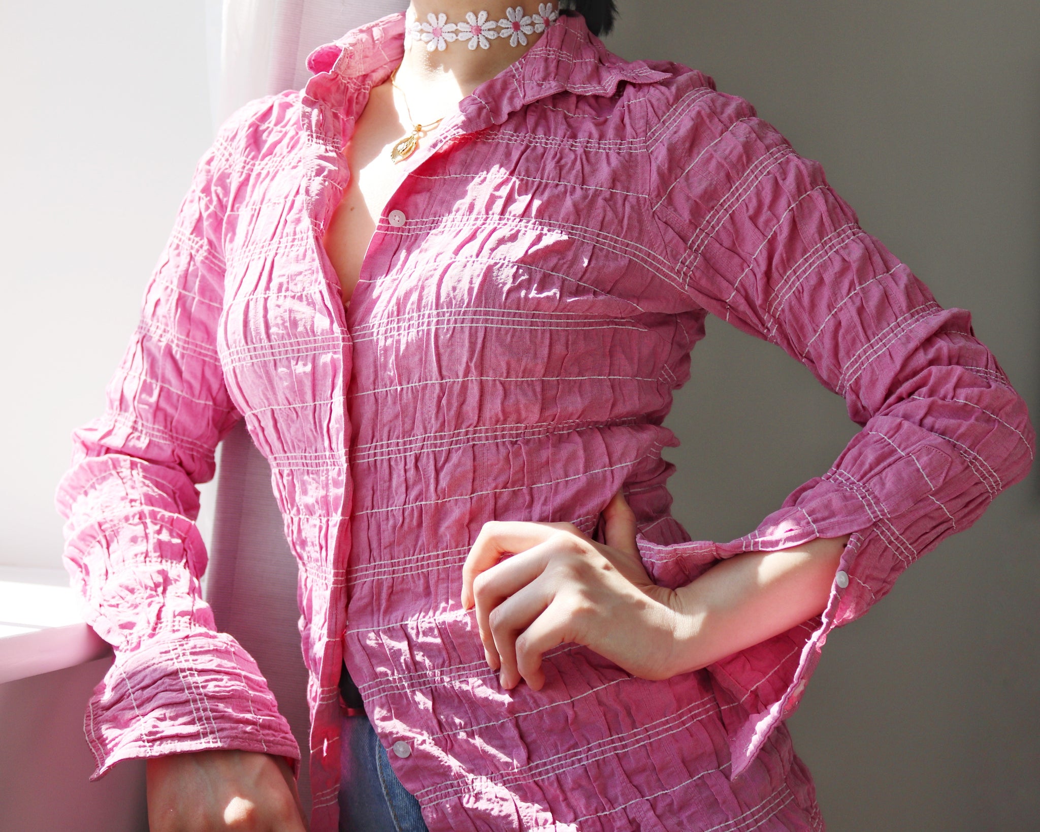 90S THE SHIRT FACTORY DESIGN LINNEA BRAUN PINK  SMOCK LONG SLEEVES SHIRT TOP