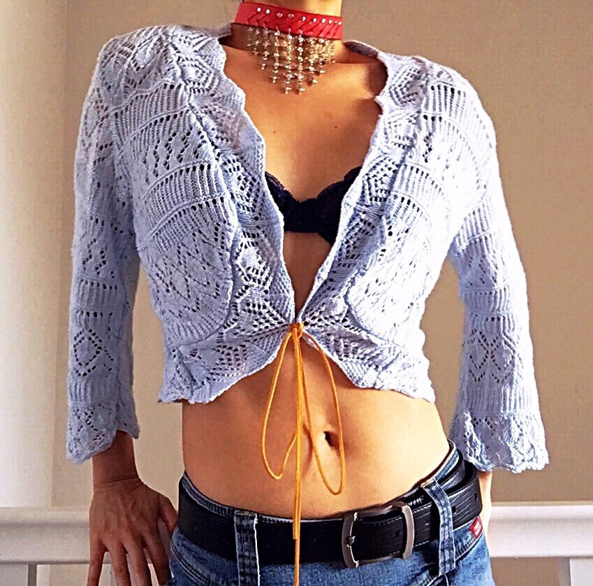 TIE KNIT BABY BLUE CARDIGAN JACKET TOP