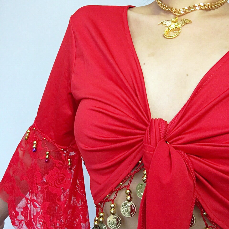 LACE BELL SLEEVES COIN WRAP FRONT TIE TOP