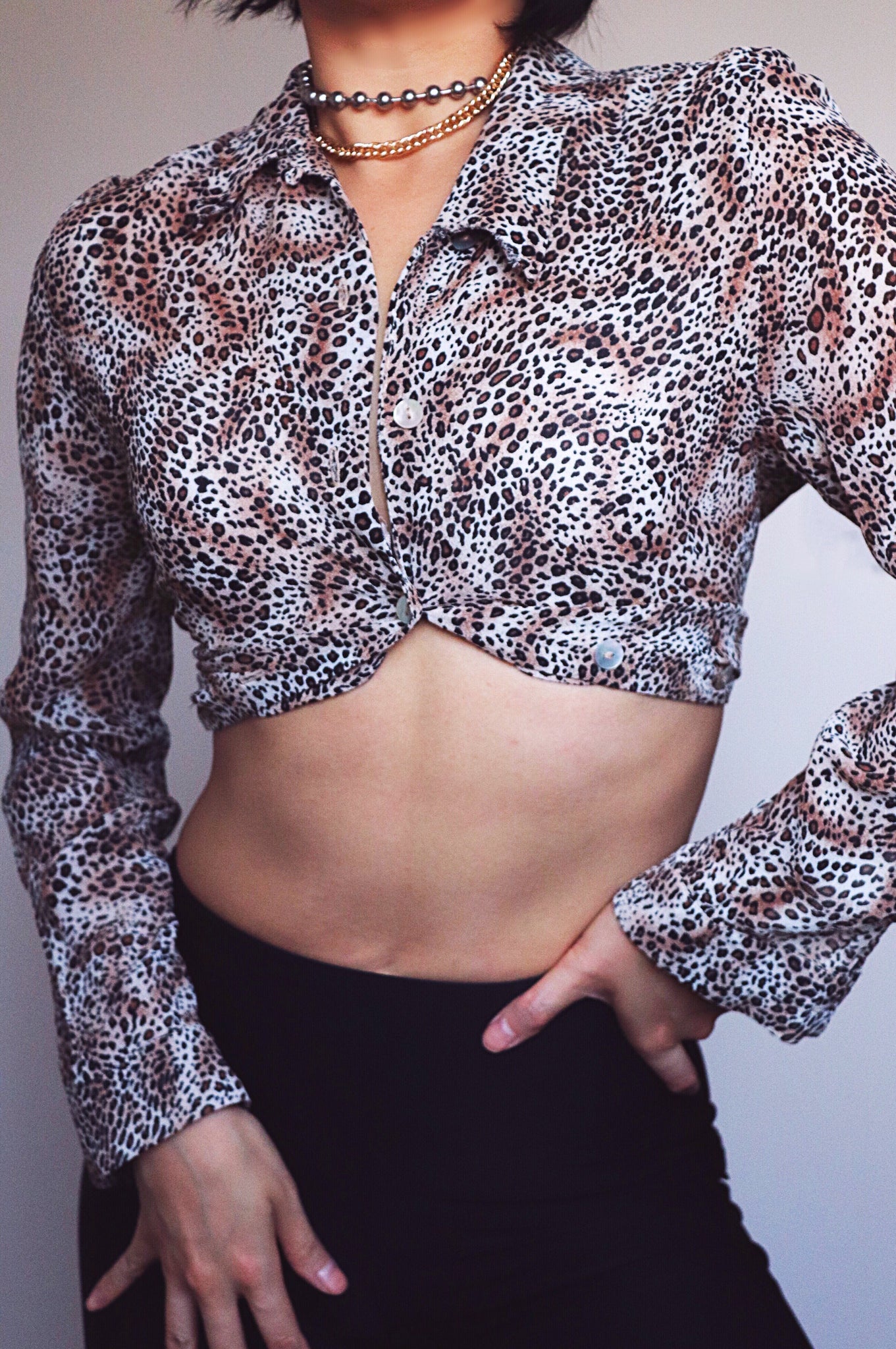 VINTAGE LEOPARD CREPE LONG SLEEVES SHIRT LONG TOP
