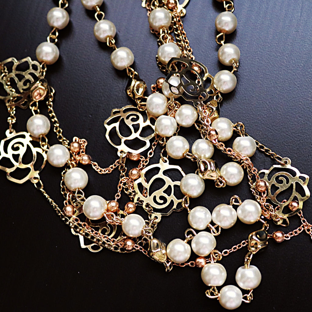 ROSE PEARL CHAIN MULTI LINKS  LONG NECKLACE