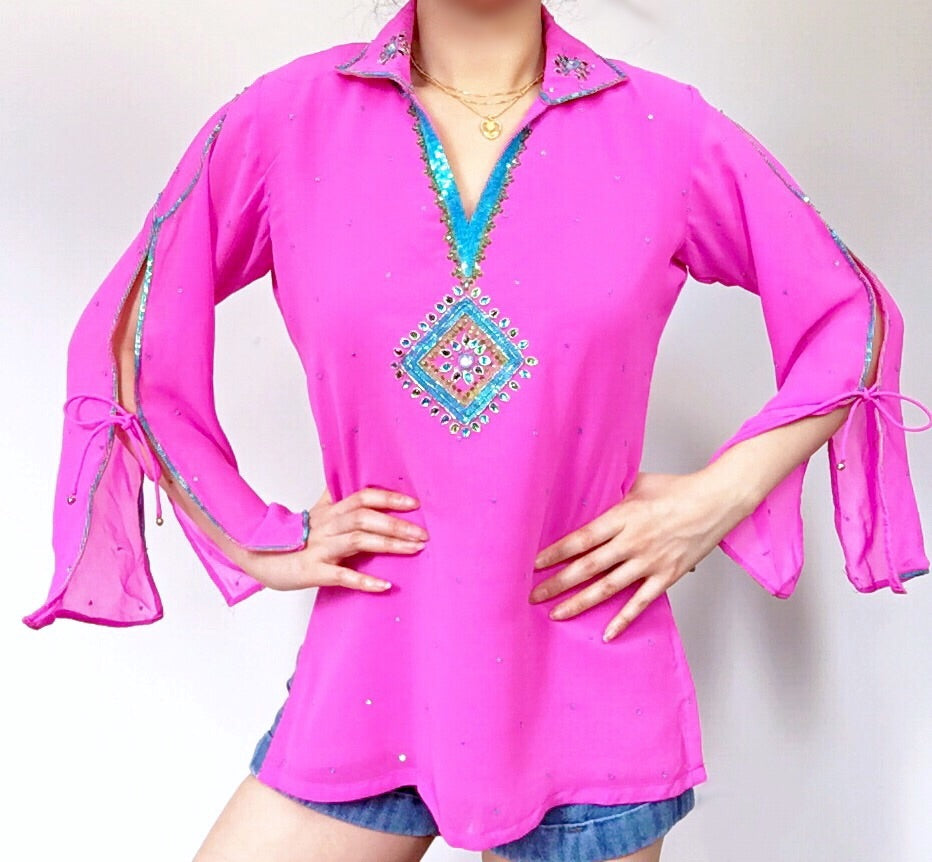 FESTIVAL  FLORAL BEADED EMBROIDERY BELL SLEEVES LONG TOP