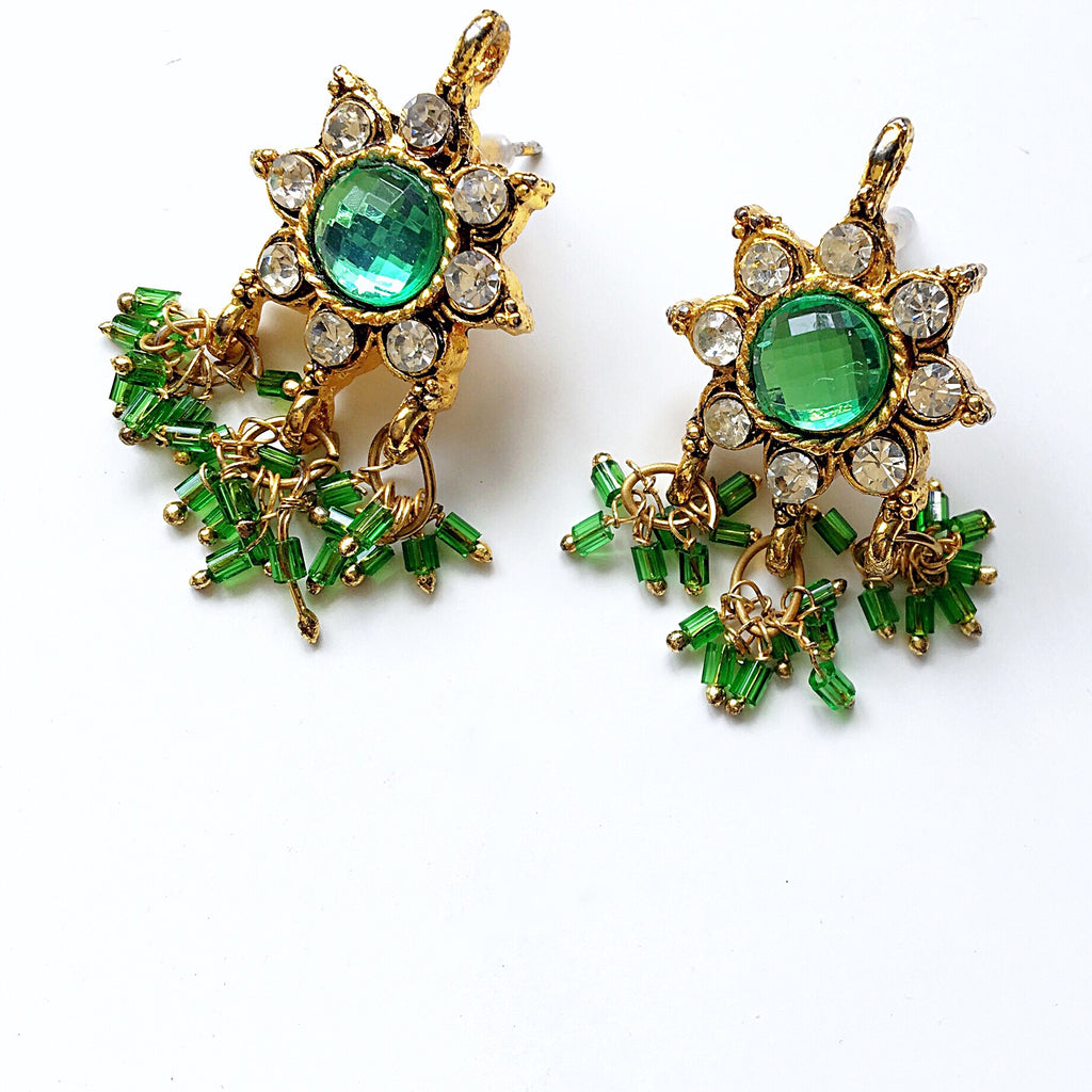VINTAGE TRIBAL GREEN DIAMANTÉ BEADED BEADS EARRINGS