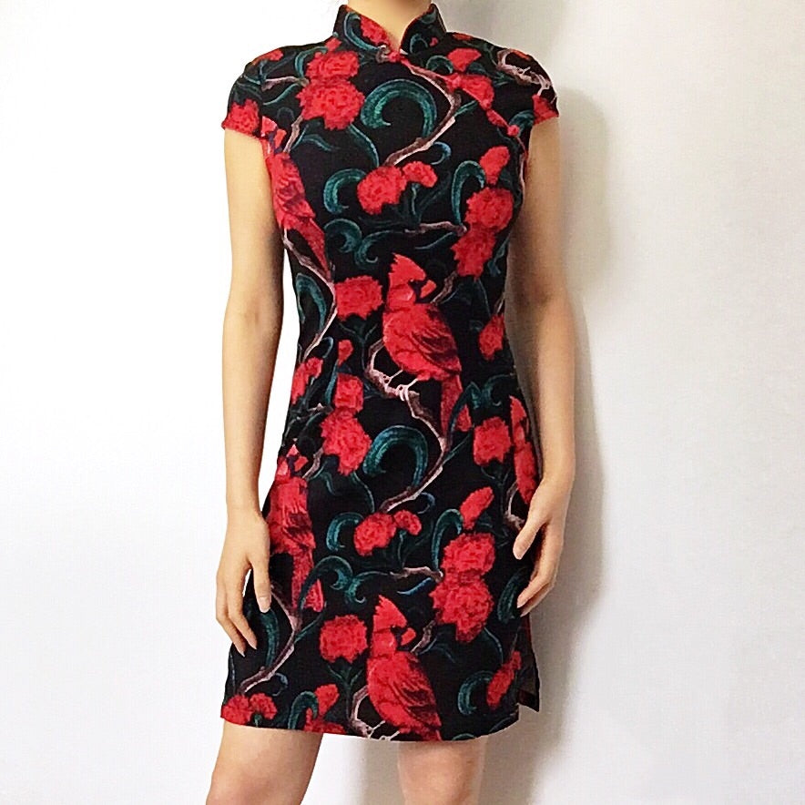 RED FLORAL ORIENTAL SHORT SLEEVES DRESS