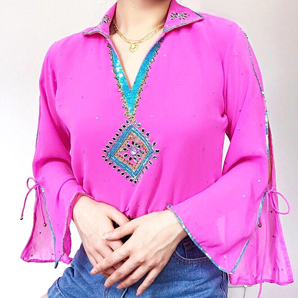 FESTIVAL  FLORAL BEADED EMBROIDERY BELL SLEEVES LONG TOP