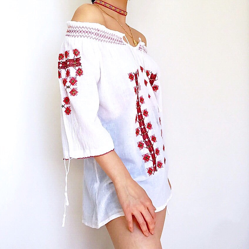 BOHO HIPPIE FLORAL EMBROIDERY OFF SHOULDER LONG TOP