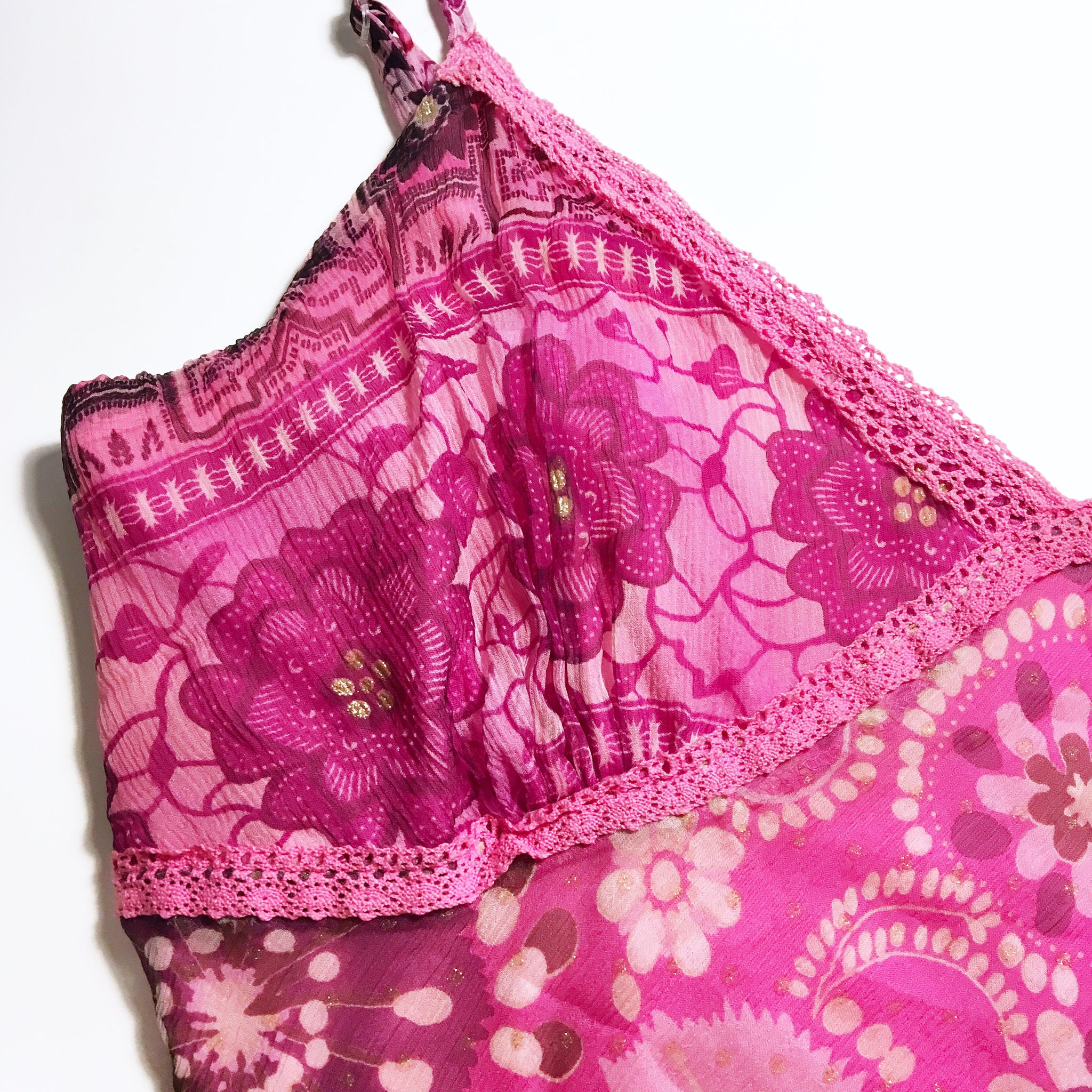 90s Y2K 00s SILK PINK FLORAL GLITTER DOTS SLIP DRESS