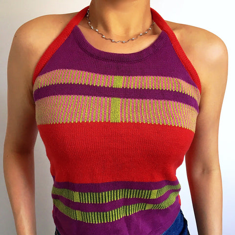 VINTAGE COLOUR STRIPY HALTER VEST TOP