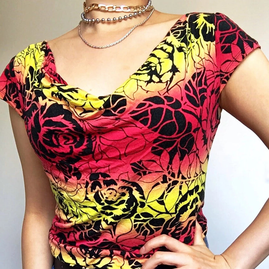 90s Y2k VINTAGE ROSE ROCK N ROLL STYLE COWL NECK TEE TOP