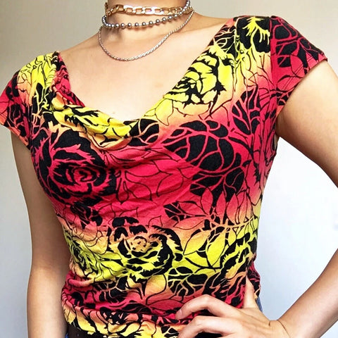 90s Y2k VINTAGE ROSE ROCK N ROLL STYLE COWL NECK TEE TOP