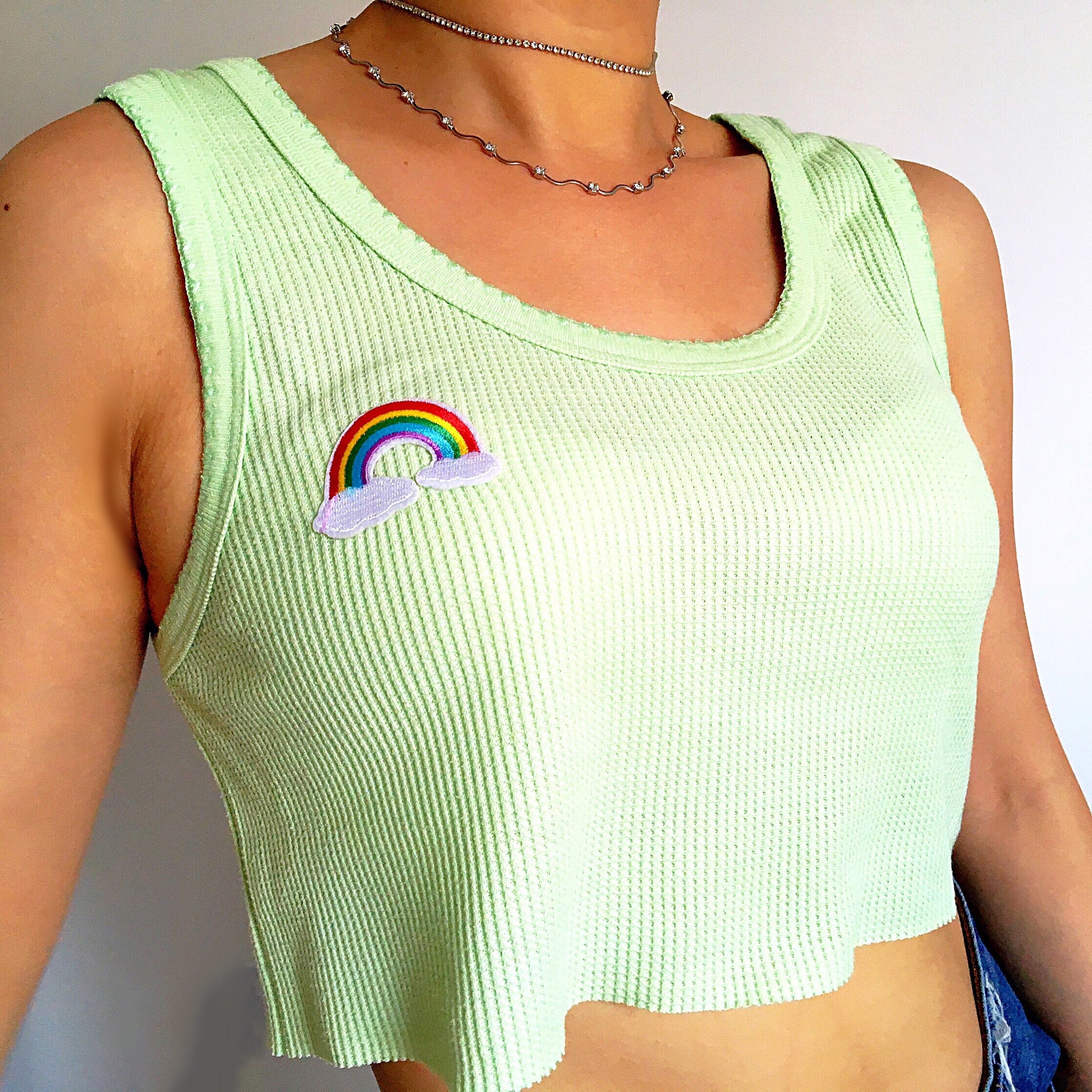 90s Y2K GREEN RAINBOW CROP VEST TOP