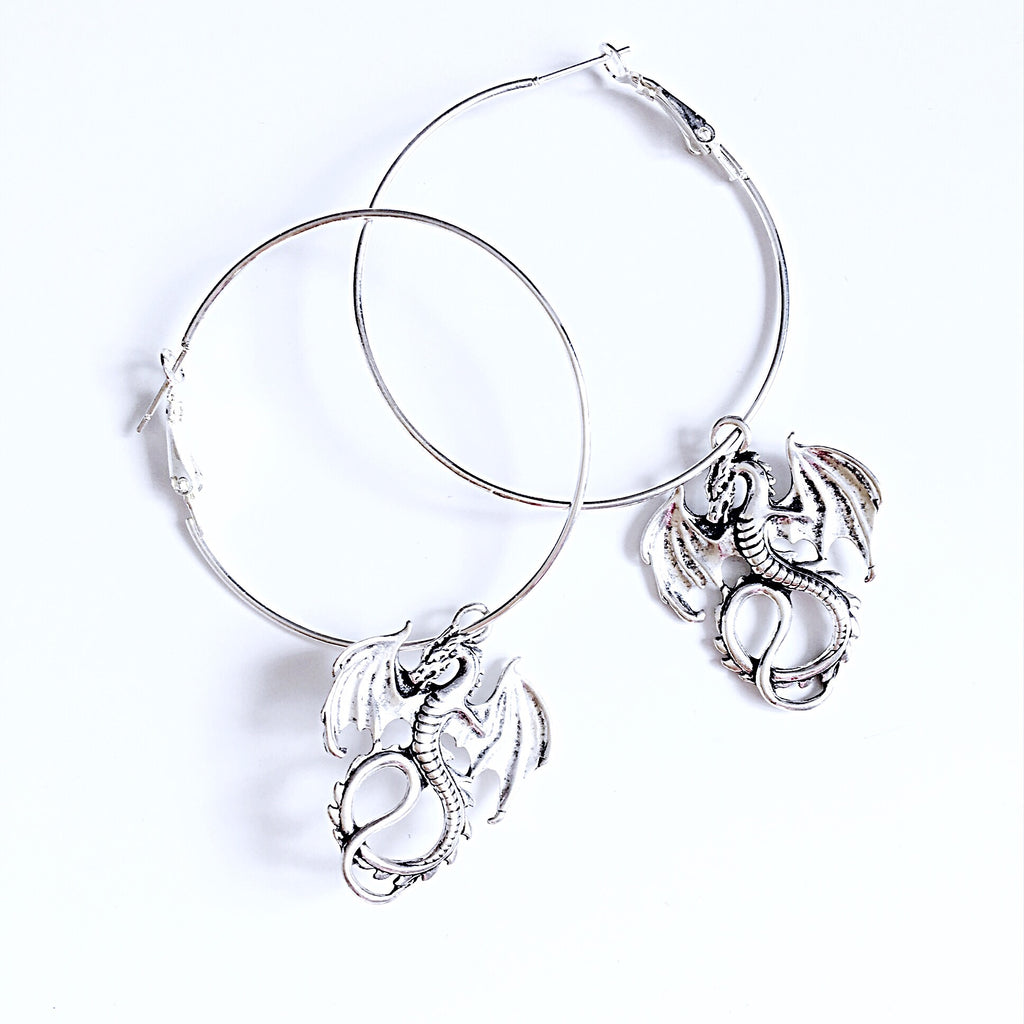 Y2K 2000S 90S STYLE SILVER DRAGON LARGE HOOP EARRINGS