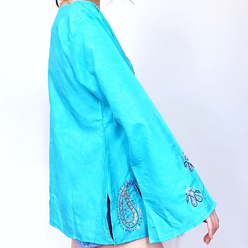 VINTAGE SEQUINS EMBROIDERY BEADED BELL SLEEVES LONG DRESS TOP