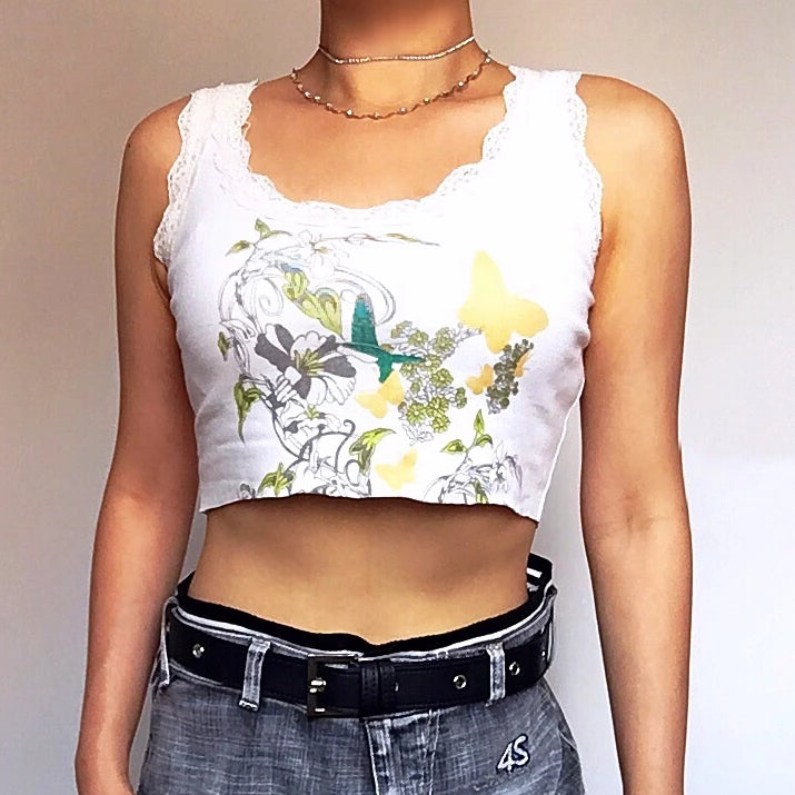 90s Y2K BUTTERFLIES BUTTERFLY FLORAL LACE TRIM EDGES CROP VEST TOP
