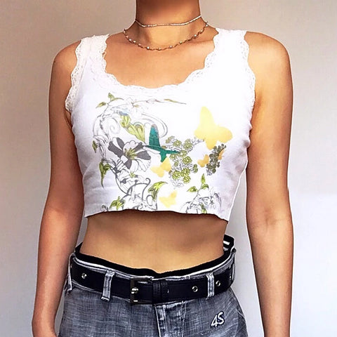 90s Y2K BUTTERFLIES BUTTERFLY FLORAL LACE TRIM EDGES CROP VEST TOP