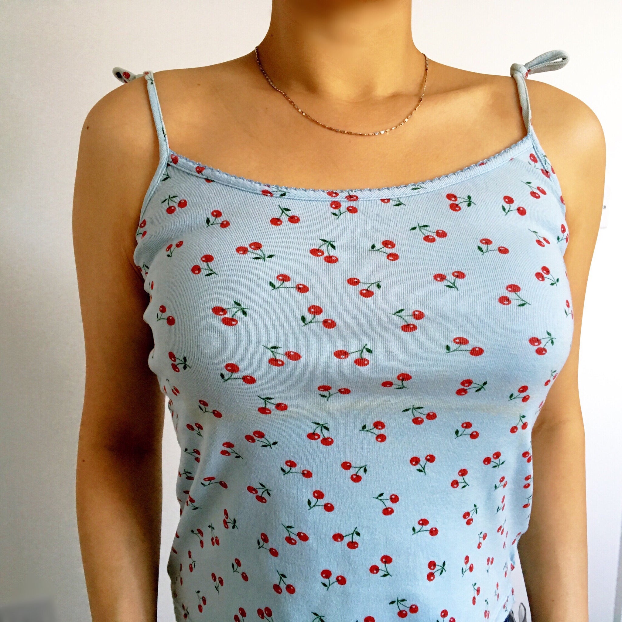 90S 00 Y2K BLUE CHERRY STRAP CAMI COTTON VEST TOP