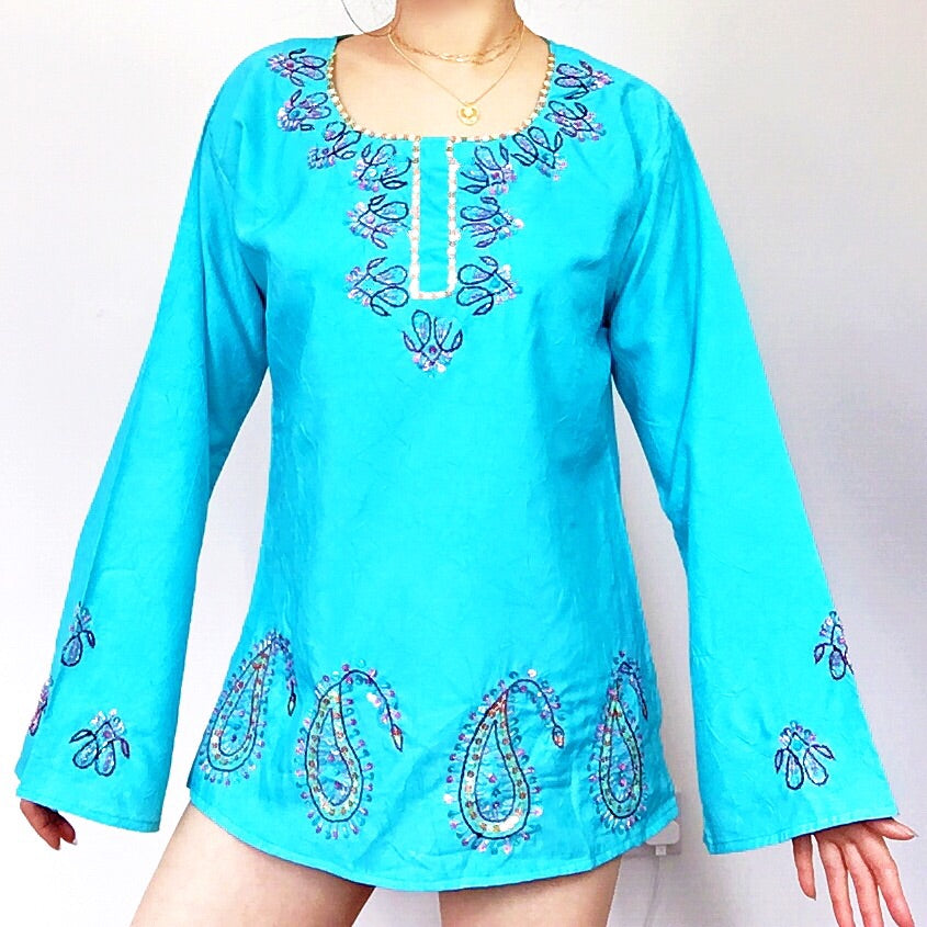 VINTAGE SEQUINS EMBROIDERY BEADED BELL SLEEVES LONG DRESS TOP