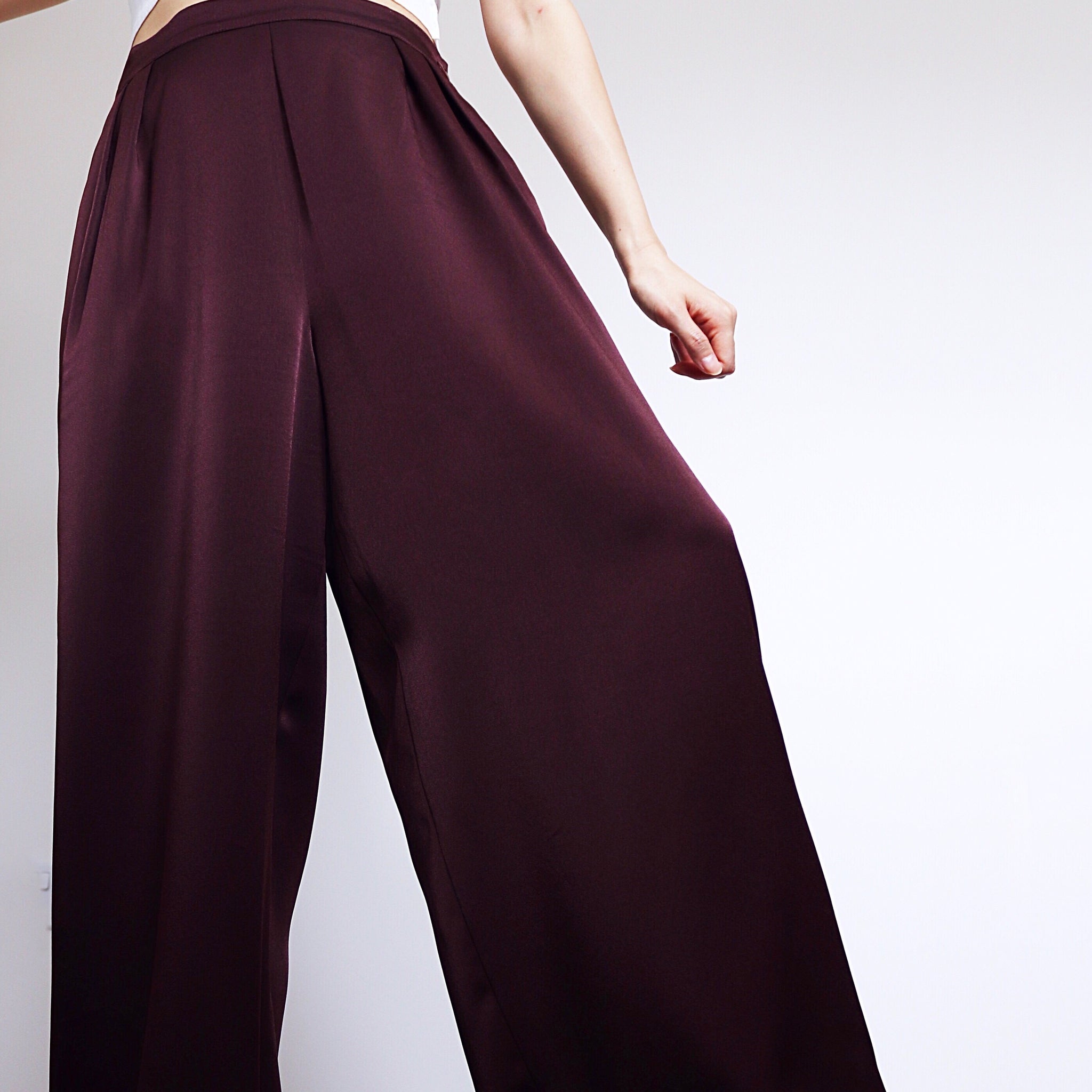 VINTAGE SATIN SIMPLE WIDE LEG TROUSERS PANTS