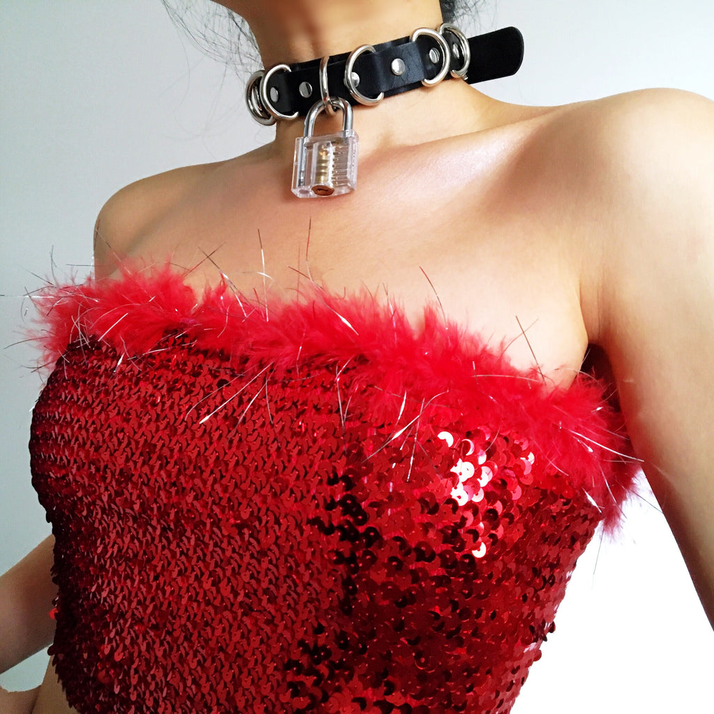 NKYES FAUX BLACK LEATHER LOCK CHAIN CHOKER NECKLACE