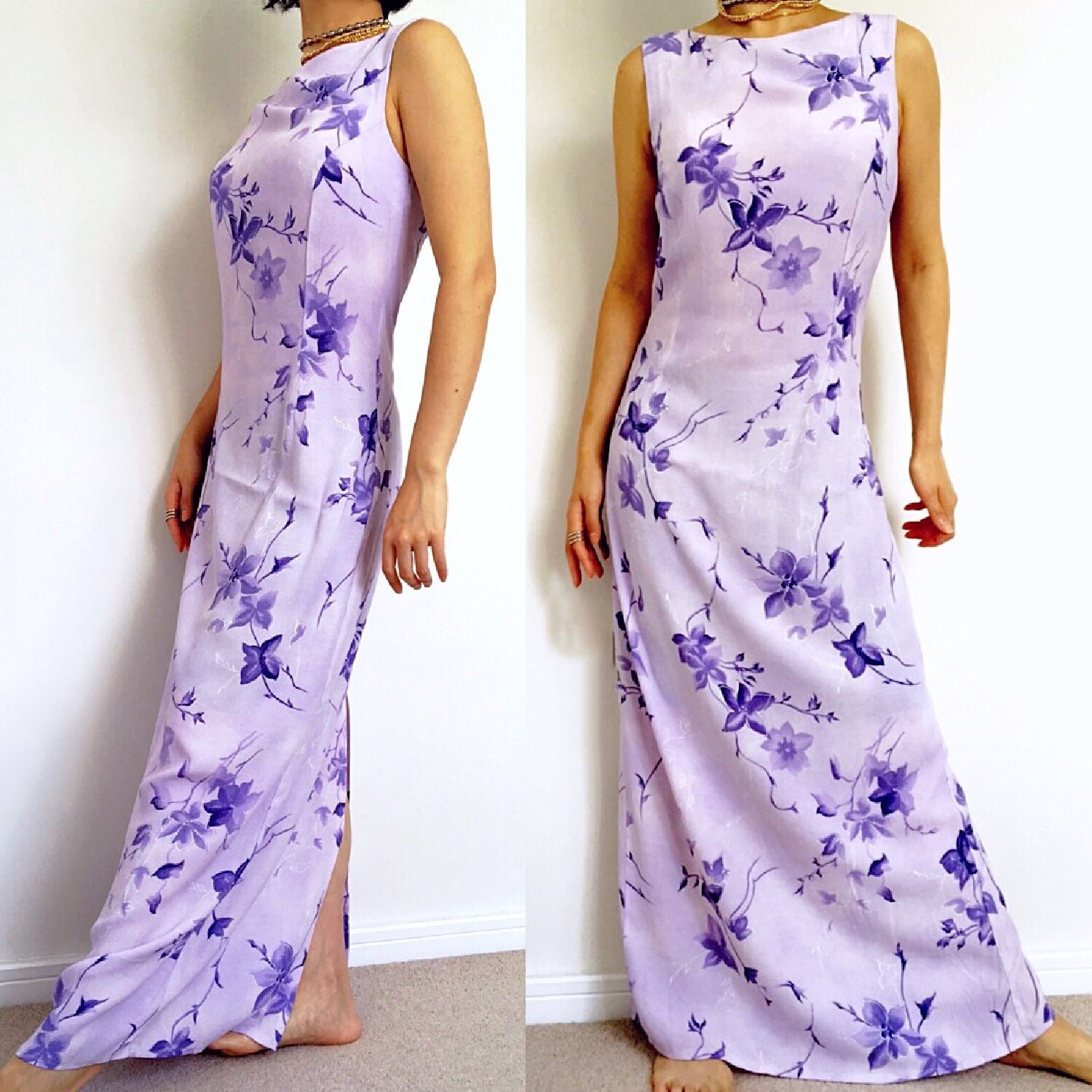 90s Y2K 2000s VINTAGE CREPE FLORAL VEST LONG MAXI DRESS WITH BACK SLIT