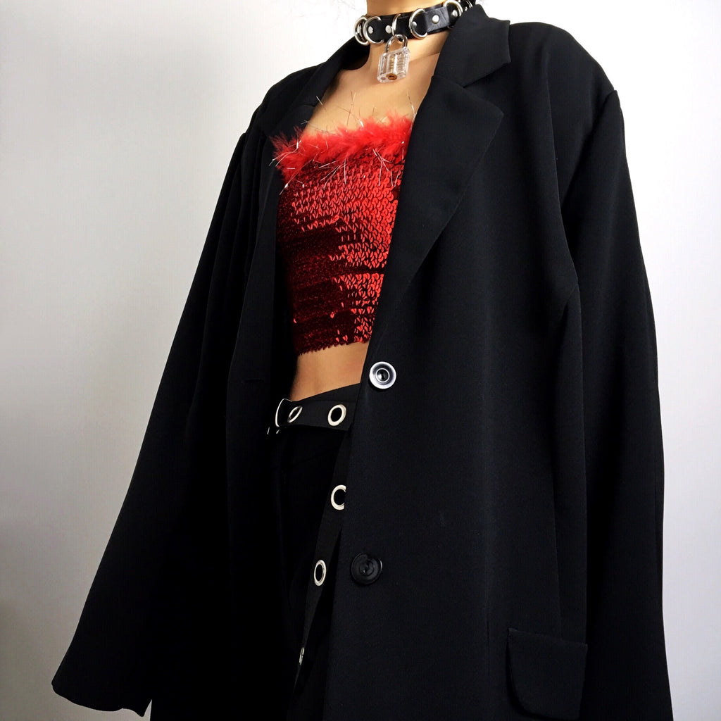 VINTAGE BLACK OVERSIZED LONG SUIT COAT BLAZER JACKET