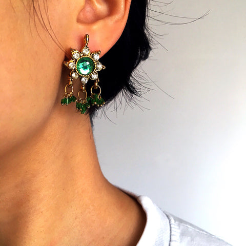 VINTAGE TRIBAL GREEN DIAMANTÉ BEADED BEADS EARRINGS