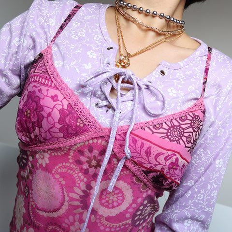 90s Y2K 00s SILK PINK FLORAL GLITTER DOTS SLIP DRESS