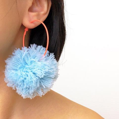 LARGE POM POM ORANGE HOOP EARRINGS