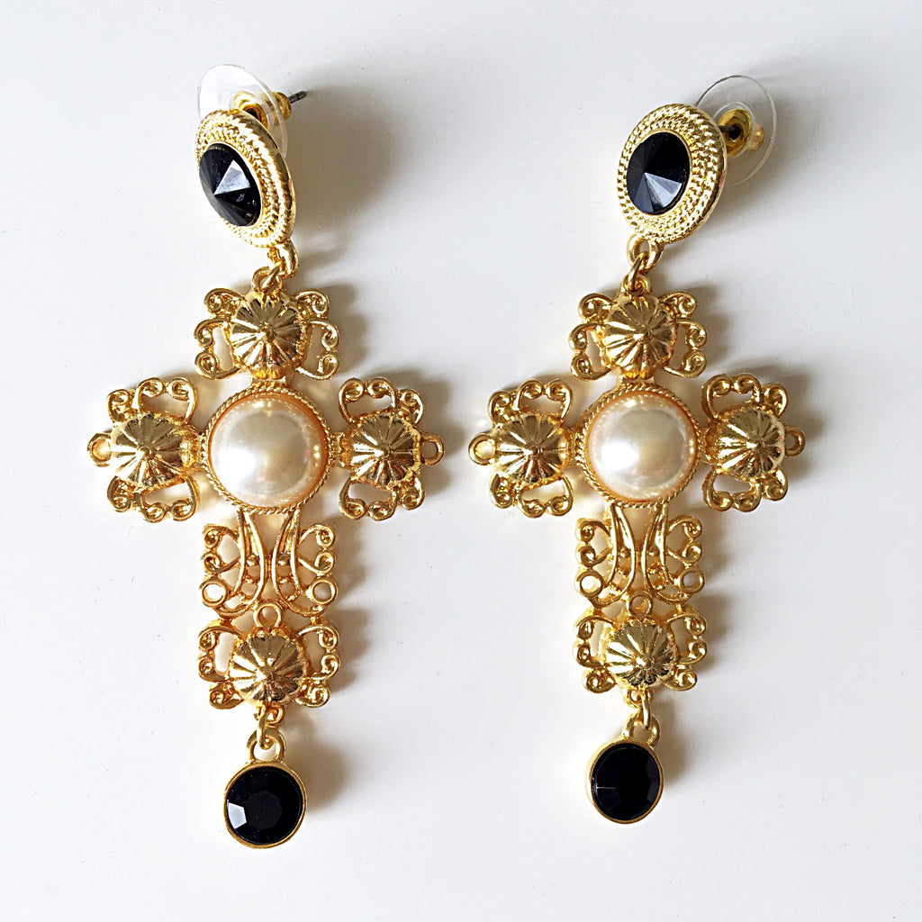 PEARL GOTHIC CROSS LONG EARRINGS