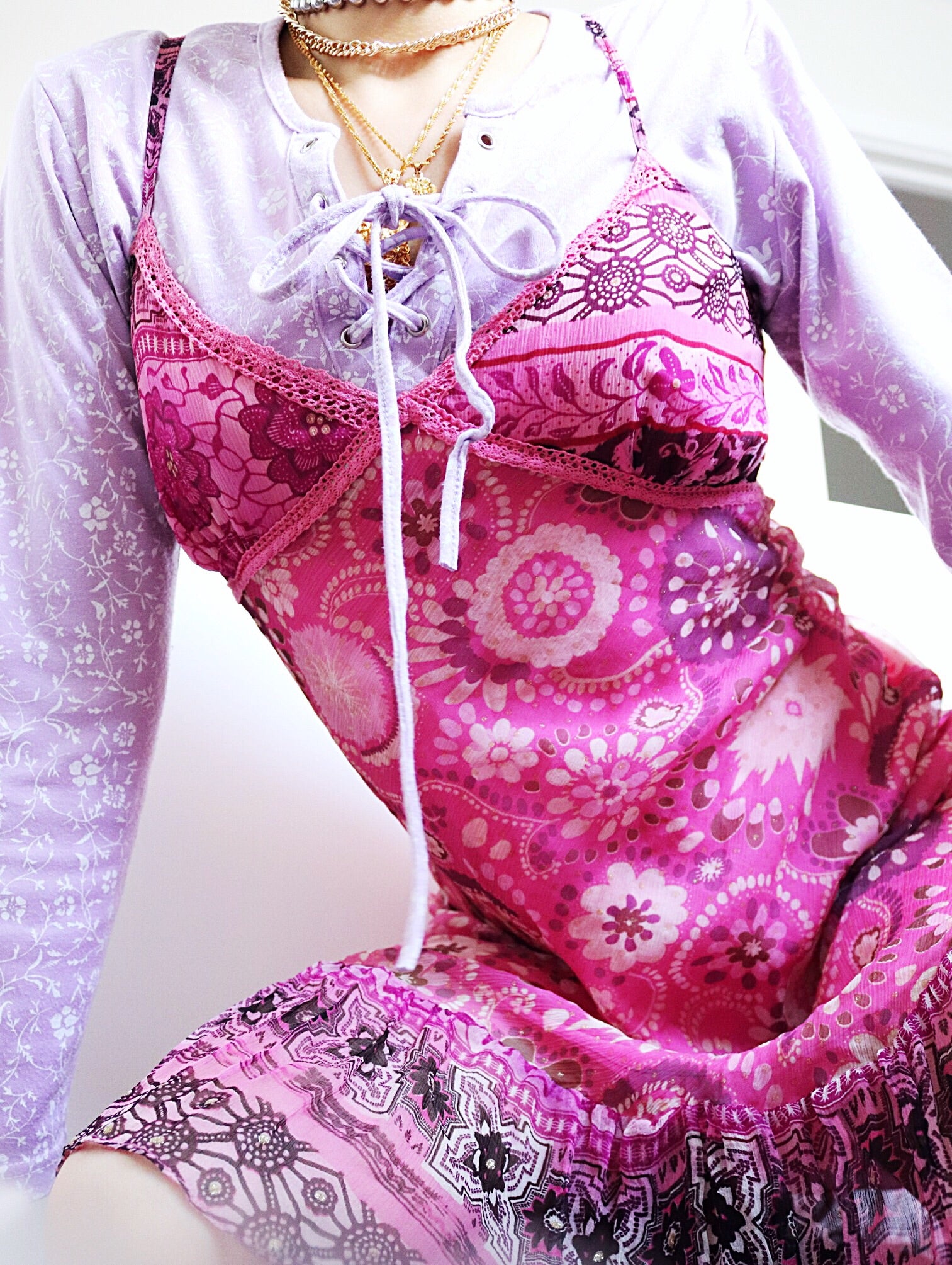 90s Y2K 00s SILK PINK FLORAL GLITTER DOTS SLIP DRESS